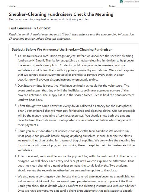 Sneaker-Cleaning Fundraiser: Check the Meaning worksheet preview
