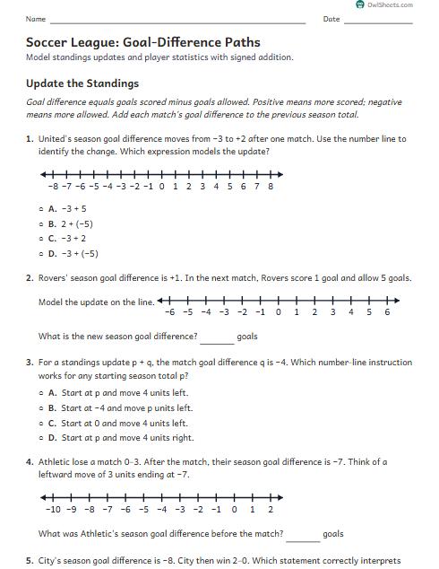 Soccer League: Goal-Difference Paths worksheet preview