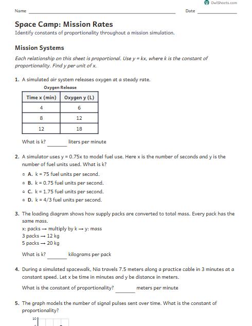 Space Camp: Mission Rates worksheet preview