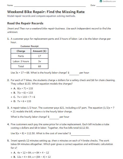 Weekend Bike Repair: Find the Missing Rate worksheet preview