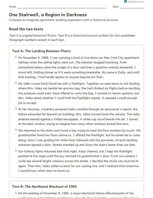 One Stairwell, a Region in Darkness worksheet preview
