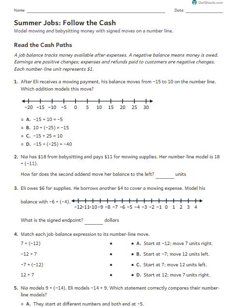 Summer Jobs: Follow the Cash worksheet preview