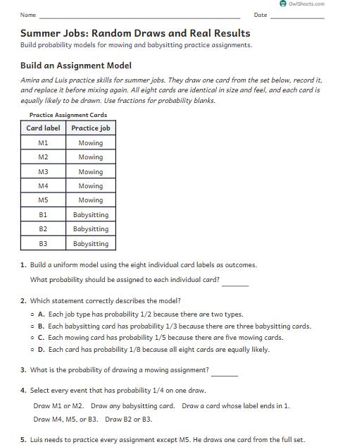 Summer Jobs: Random Draws and Real Results worksheet preview