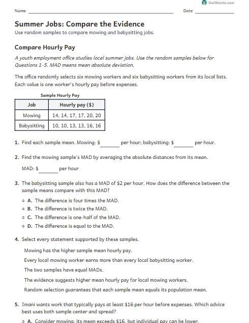 Summer Jobs: Compare the Evidence worksheet preview