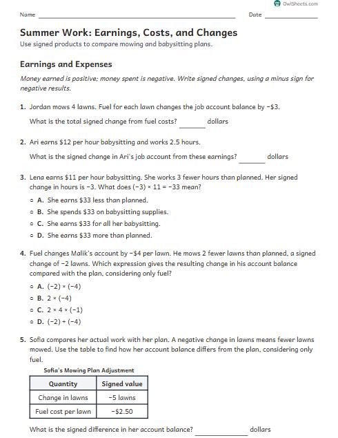 Summer Work: Earnings, Costs, and Changes worksheet preview