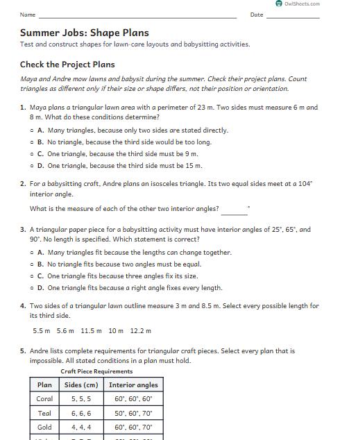Summer Jobs: Shape Plans worksheet preview