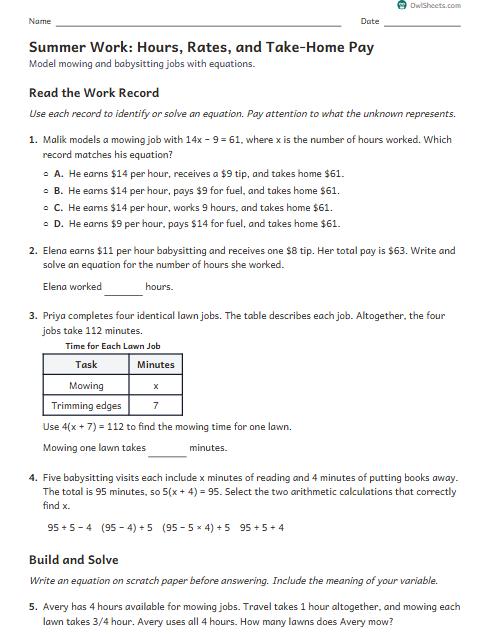 Summer Work: Hours, Rates, and Take-Home Pay worksheet preview