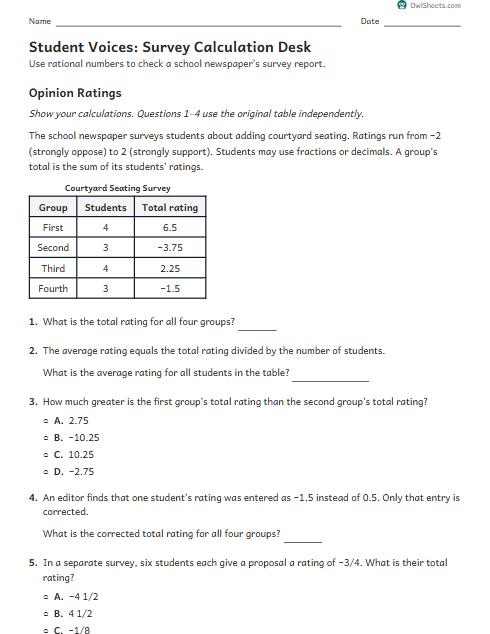 Student Voices: Survey Calculation Desk worksheet preview