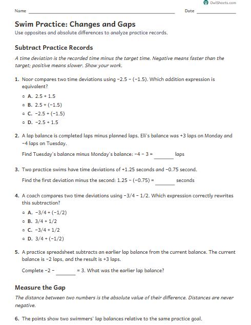 Swim Practice: Changes and Gaps worksheet preview