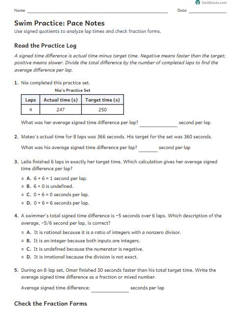 Swim Practice: Pace Notes worksheet preview