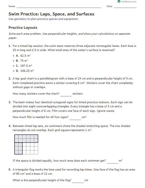 Swim Practice: Laps, Space, and Surfaces worksheet preview