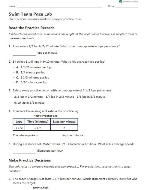 Swim Team Pace Lab worksheet preview
