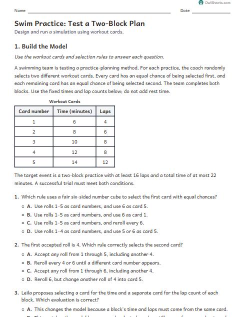 Swim Practice: Test a Two-Block Plan worksheet preview
