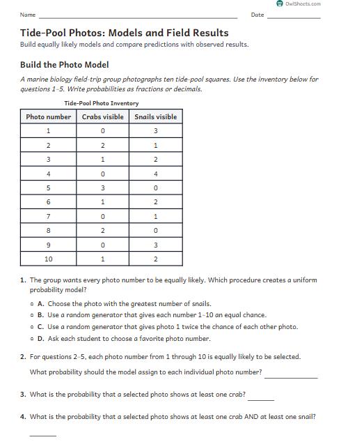 Tide-Pool Photos: Models and Field Results worksheet preview