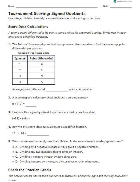 Tournament Scoring: Signed Quotients worksheet preview