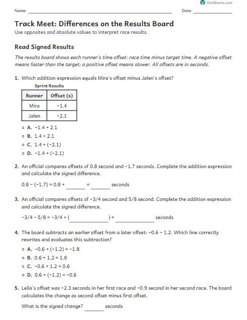 Track Meet: Differences on the Results Board worksheet preview
