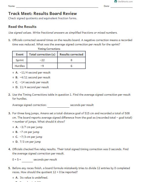 Track Meet: Results Board Review worksheet preview