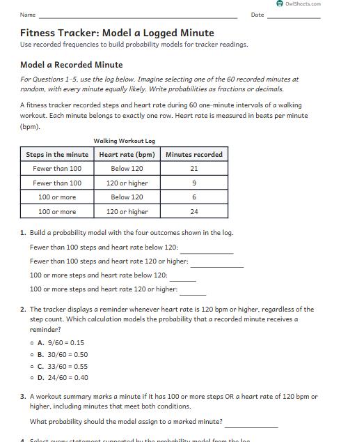 Fitness Tracker: Model a Logged Minute worksheet preview