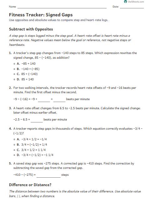 Fitness Tracker: Signed Gaps worksheet preview