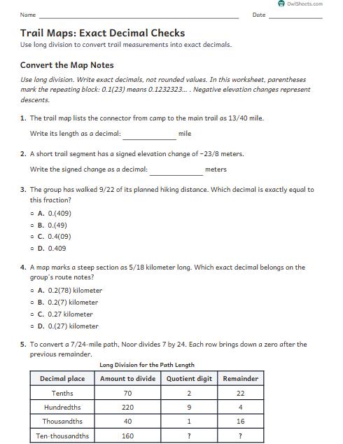 Trail Maps: Exact Decimal Checks worksheet preview
