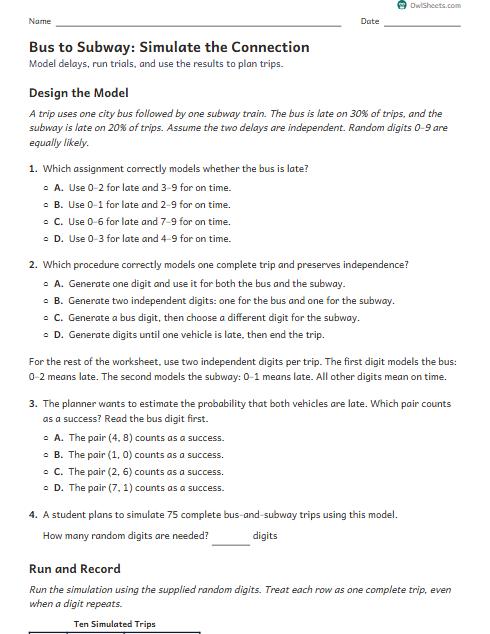 Bus to Subway: Simulate the Connection worksheet preview
