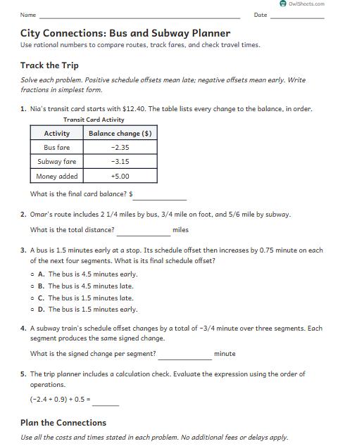 City Connections: Bus and Subway Planner worksheet preview