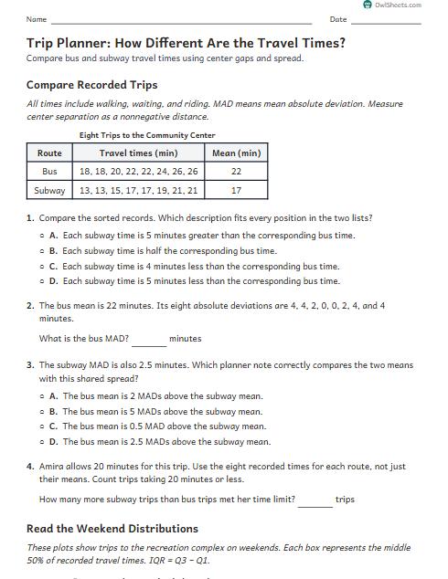 Trip Planner: How Different Are the Travel Times? worksheet preview