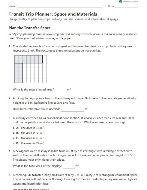 Transit Trip Planner: Space and Materials worksheet preview