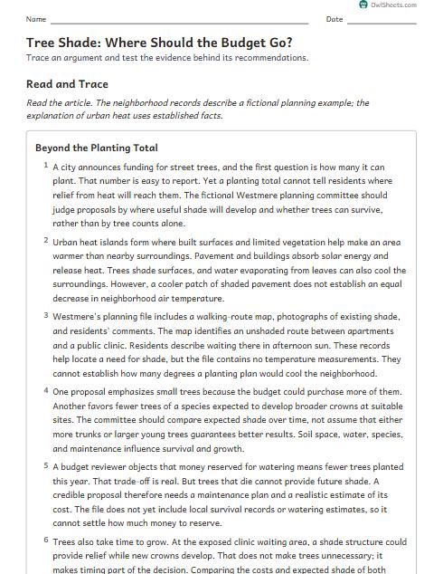 Tree Shade: Where Should the Budget Go? worksheet preview