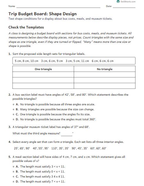 Trip Budget Board: Shape Design worksheet preview