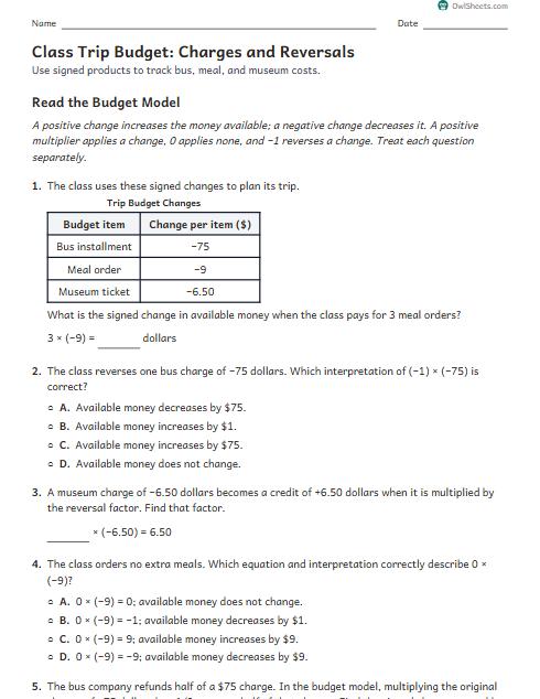 Class Trip Budget: Charges and Reversals worksheet preview