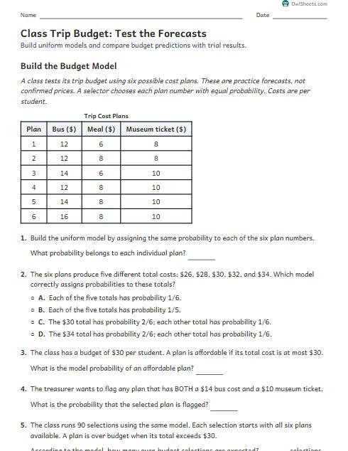 Class Trip Budget: Test the Forecasts worksheet preview