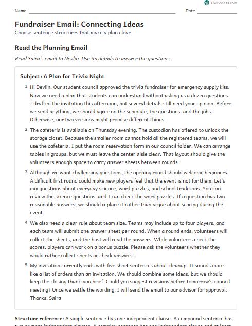 Fundraiser Email: Connecting Ideas worksheet preview