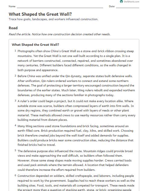 What Shaped the Great Wall? worksheet preview