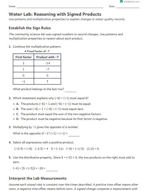Water Lab: Reasoning with Signed Products worksheet preview
