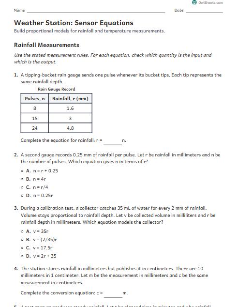 Weather Station: Sensor Equations worksheet preview