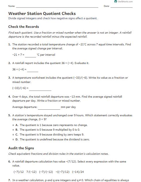 Weather Station Quotient Checks worksheet preview