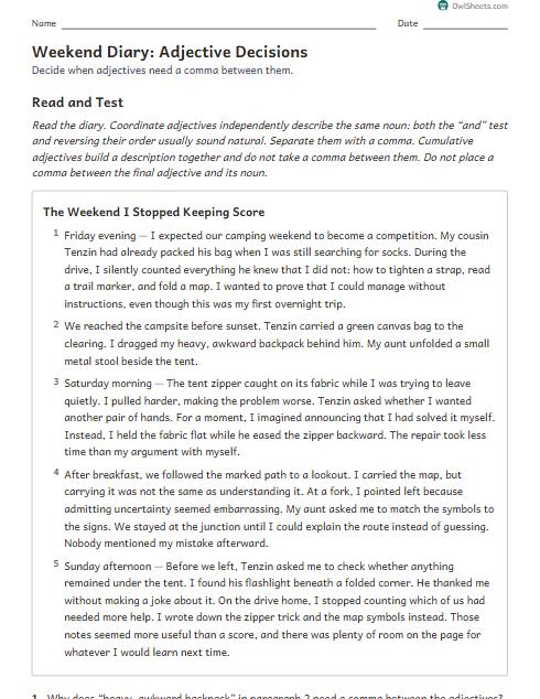 Weekend Diary: Adjective Decisions worksheet preview