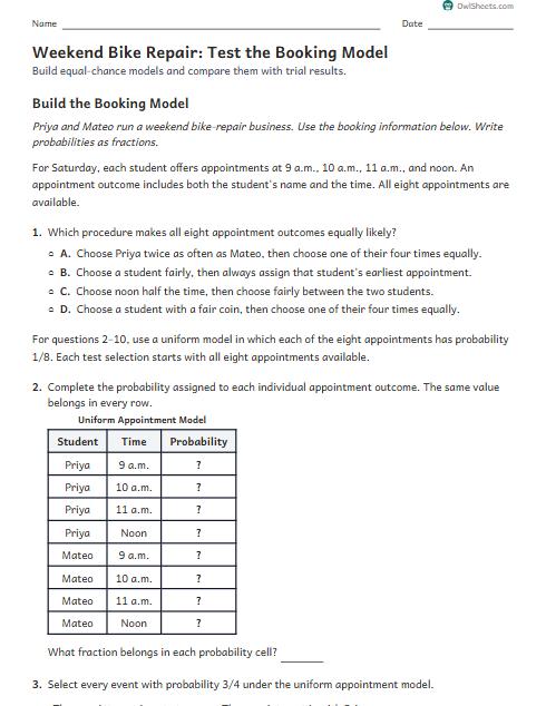 Weekend Bike Repair: Test the Booking Model worksheet preview