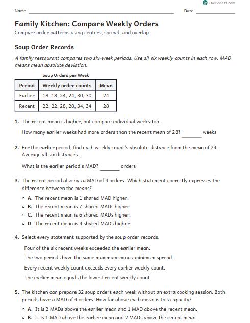 Family Kitchen: Compare Weekly Orders worksheet preview