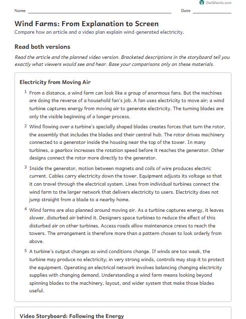 Wind Farms: From Explanation to Screen worksheet preview