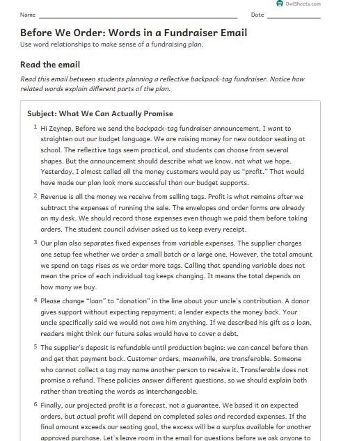 Before We Order: Words in a Fundraiser Email worksheet preview