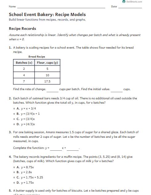 School Event Bakery: Recipe Models worksheet preview