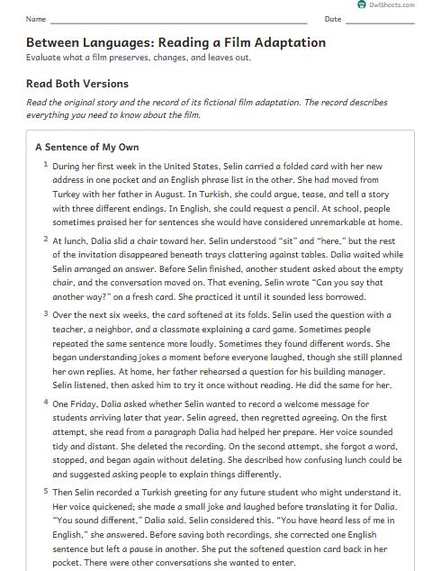 Between Languages: Reading a Film Adaptation worksheet preview