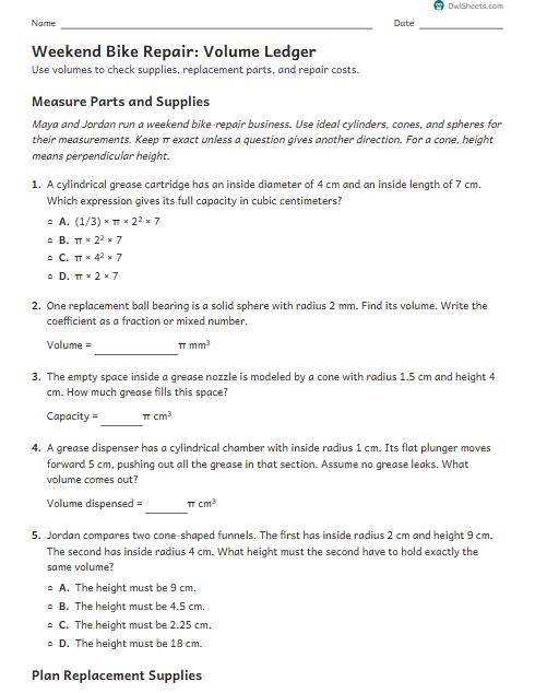 Weekend Bike Repair: Volume Ledger worksheet preview