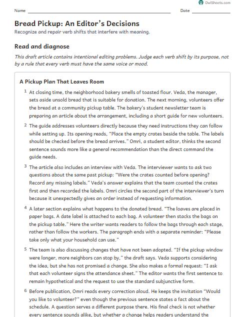 Bread Pickup: An Editor’s Decisions worksheet preview