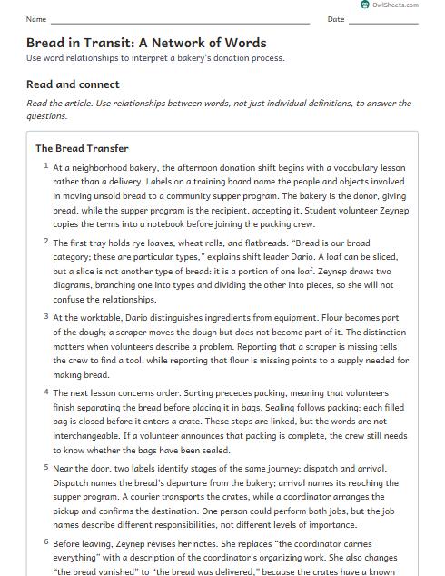 Bread in Transit: A Network of Words worksheet preview