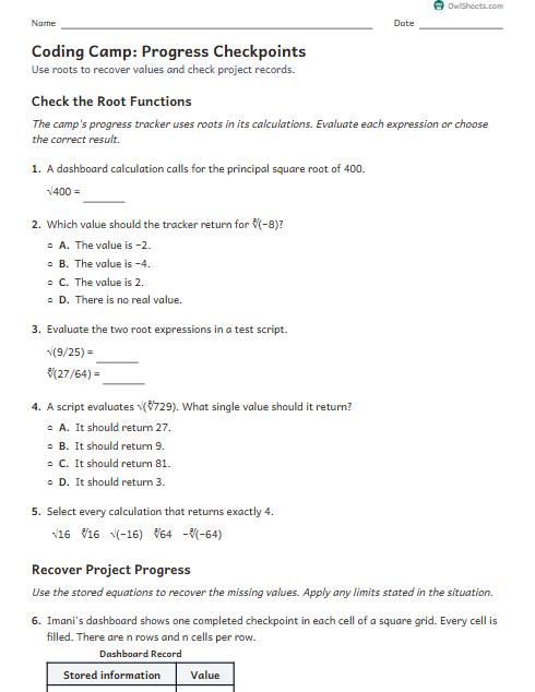 Coding Camp: Progress Checkpoints worksheet preview