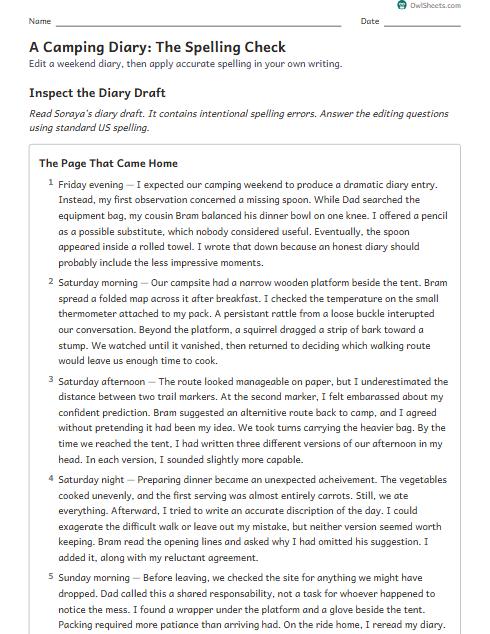 A Camping Diary: The Spelling Check worksheet preview