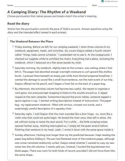 A Camping Diary: The Rhythm of a Weekend worksheet preview